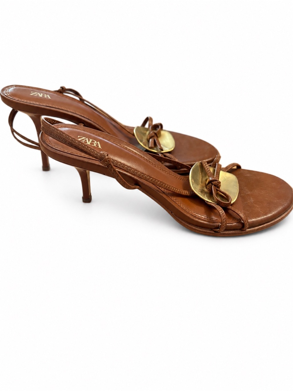 Zara Embellished Heeled Sandals Brown Gold Size 38